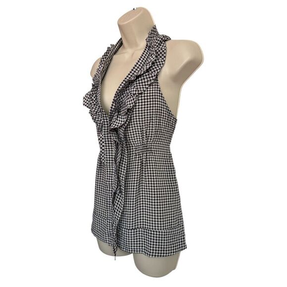 BCBGMaxzazira White & Black Checkered Plaid Silk Halter Rockabilly Top Size S - Picture 4 of 13